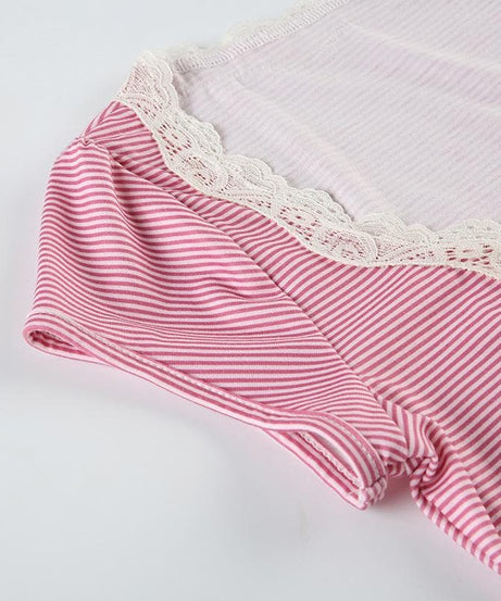 Chic Pink Striped Lace Henley Top – Cozy Fall Essential for Women