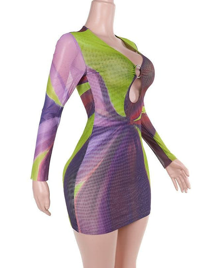 Sultry Plum & Olive Abstract Mesh Mini Dress with O-Ring Cutout | Fall Night Out