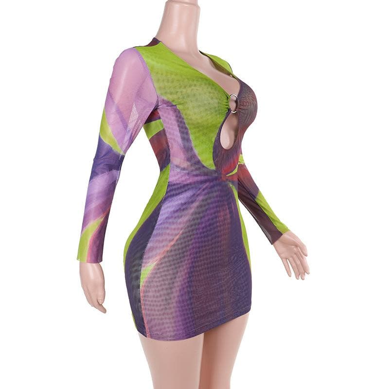 Sultry Plum & Olive Abstract Mesh Mini Dress with O-Ring Cutout | Fall Night Out