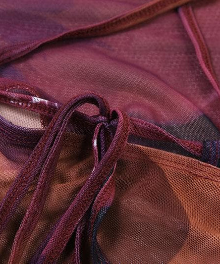 Autumn Glow Ruched Mesh Midi Dress - Asymmetrical Hem & Abstract Fall Print