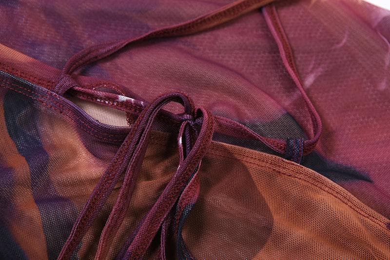 Autumn Glow Ruched Mesh Midi Dress - Asymmetrical Hem & Abstract Fall Print