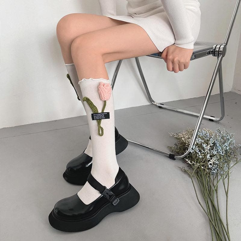 Cozy Chic Tulip Ruffle Knee-High Socks - Autumn's Must-Have Fashion Statement