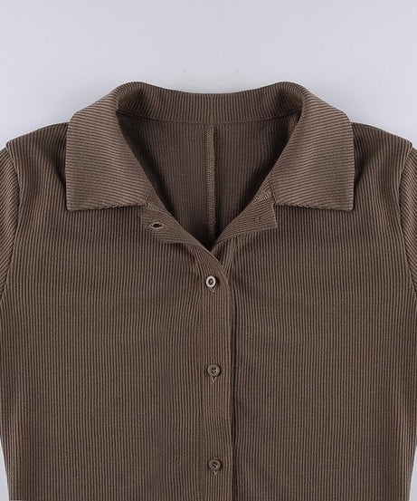 Chic Fall Essential: Women's Ribbed Polo Button Romper - Cozy Espresso Brown One-Piece