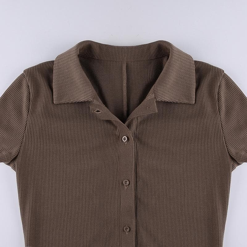 Chic Fall Essential: Women's Ribbed Polo Button Romper - Cozy Espresso Brown One-Piece