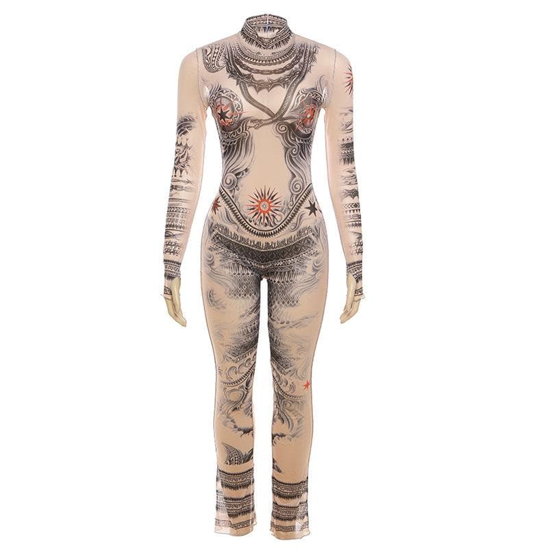 Illusion Tattoo Print Mesh Jumpsuit - Second Skin Fall & Halloween Statement Piece