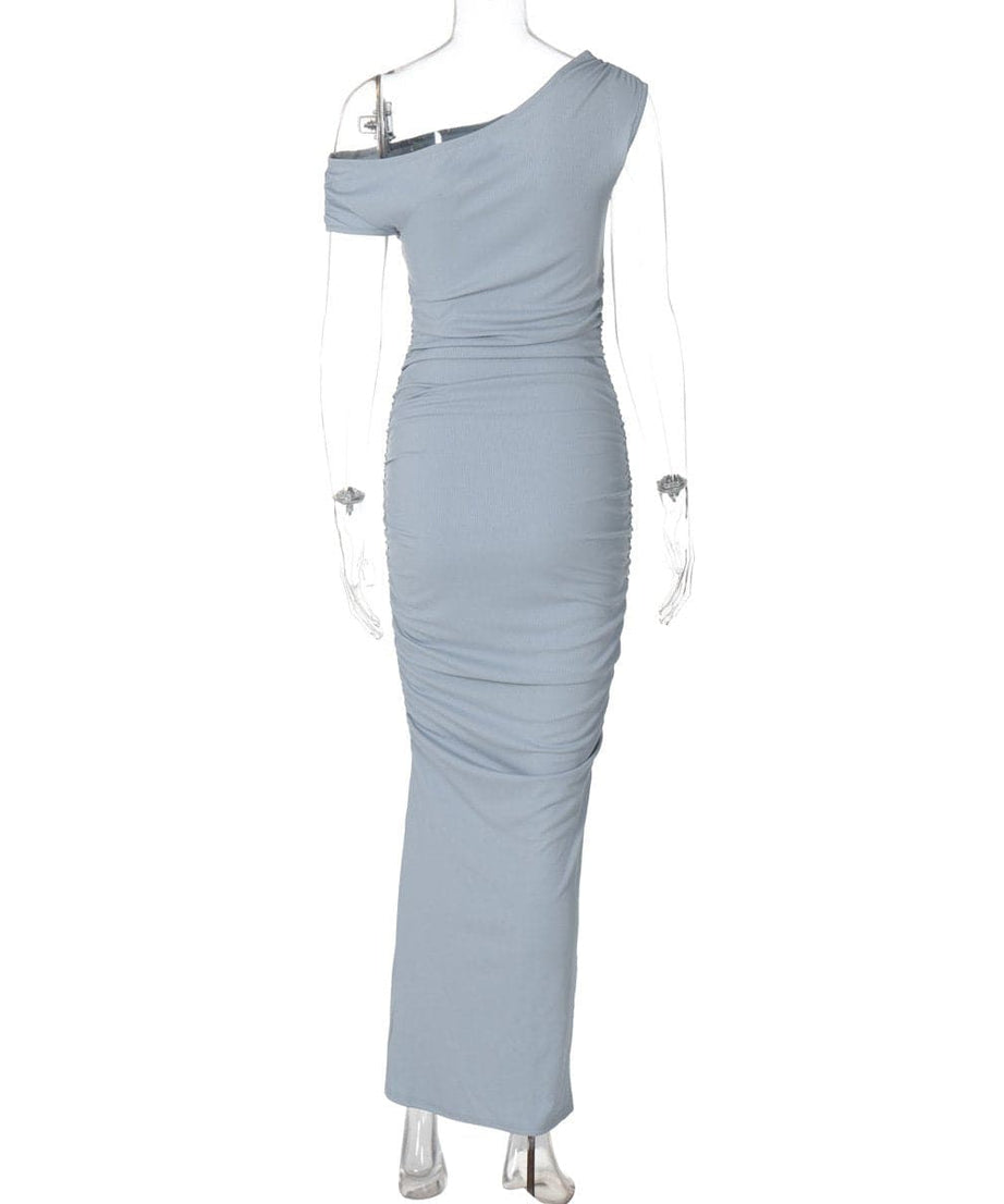 Elevate Your Style: Powder Blue One-Shoulder Ruched Ribbed Maxi Dress – Fall & Holiday Event Ready