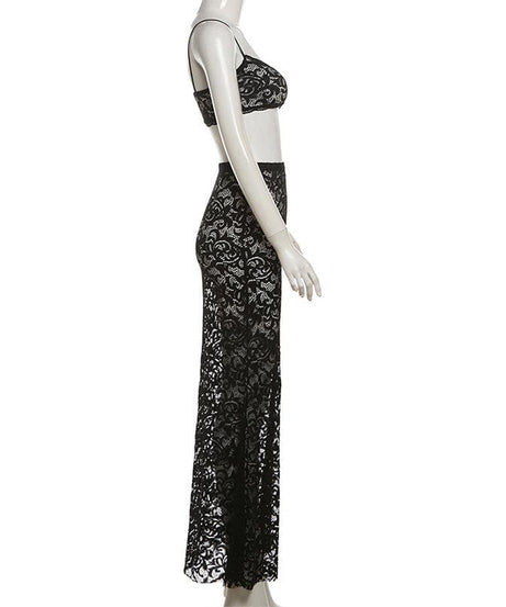 Bewitching Black Lace Sheer Maxi Set: Cami Crop Top & Skirt – Daring Style for Fall Nights & Holiday Glam