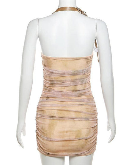 Spooky Chic Halter Mini Dress - Distressed Mummy Ruched Bodycon for Halloween & Fall Parties