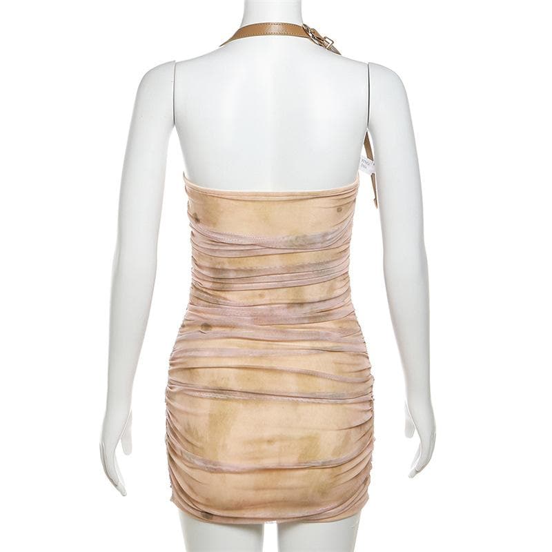 Spooky Chic Halter Mini Dress - Distressed Mummy Ruched Bodycon for Halloween & Fall Parties