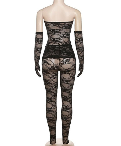 Alluring Black Lace Strapless Bodysuit & Long Gloves Set | Perfect for Halloween & Romantic Fall Nights