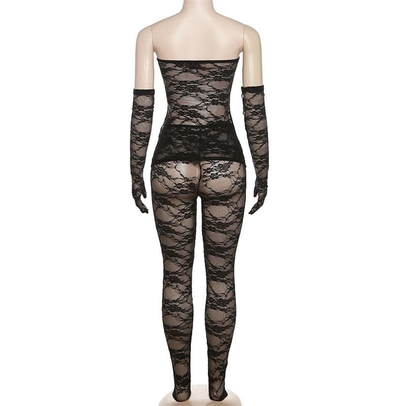 Alluring Black Lace Strapless Bodysuit & Long Gloves Set | Perfect for Halloween & Romantic Fall Nights
