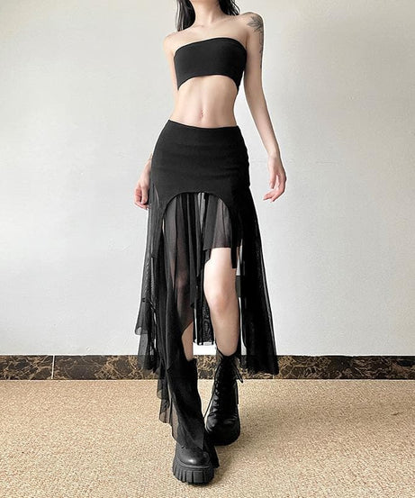 Bewitching Black Asymmetrical Mesh Midi Skirt - Edgy Fall & Halloween Essential