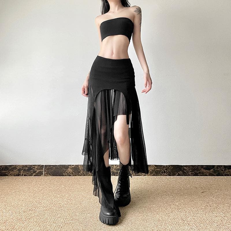 Bewitching Black Asymmetrical Mesh Midi Skirt - Edgy Fall & Halloween Essential