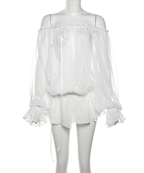 Romantic Sheer Off-Shoulder Blouse - Ethereal Ruffle Sleeve Top for Fall Evenings