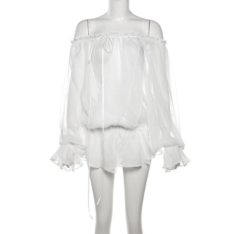 Romantic Sheer Off-Shoulder Blouse - Ethereal Ruffle Sleeve Top for Fall Evenings