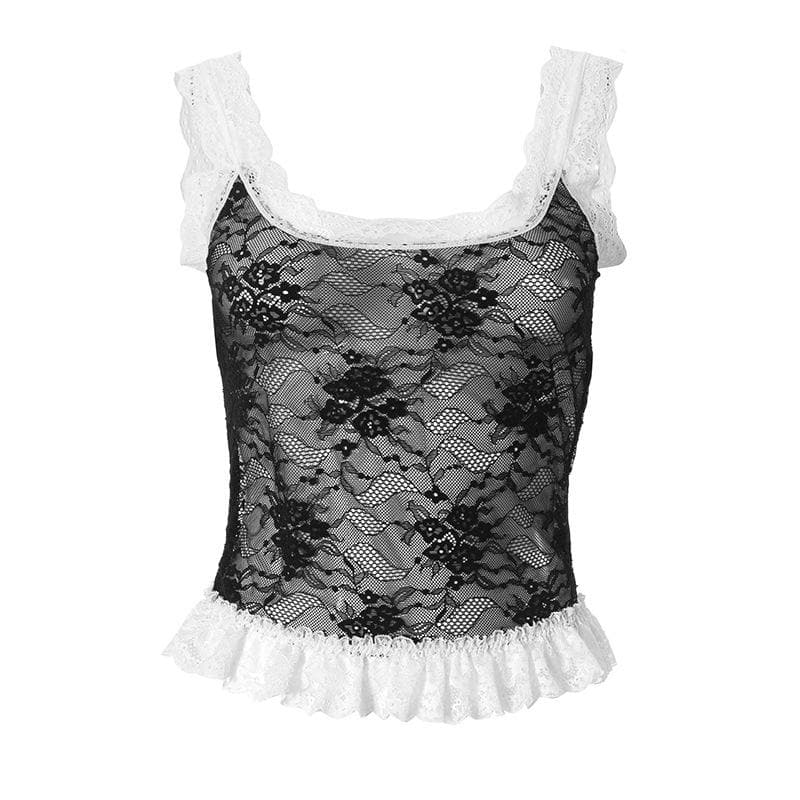 Sultry Black & White Lace Ruffle Cami Top - Fall Flirts & Holiday Glam
