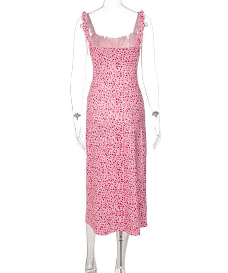 Vibrant Pink Floral Ruched Midi Dress with Ruffle Straps - Chic & Backless for Fall