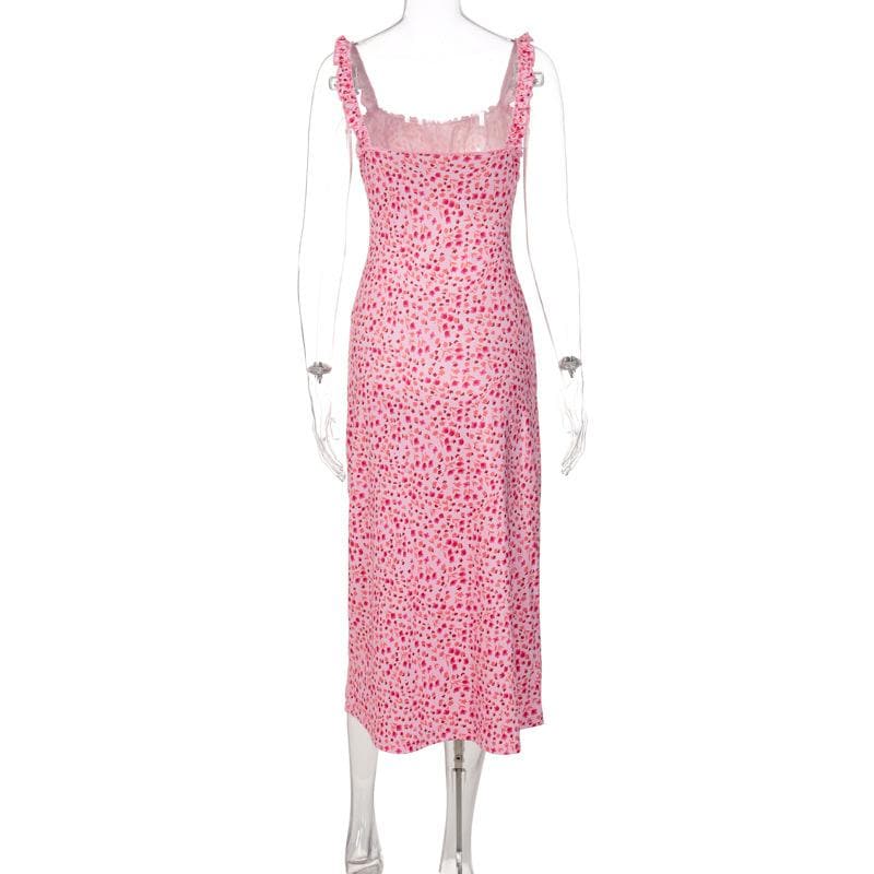 Vibrant Pink Floral Ruched Midi Dress with Ruffle Straps - Chic & Backless for Fall
