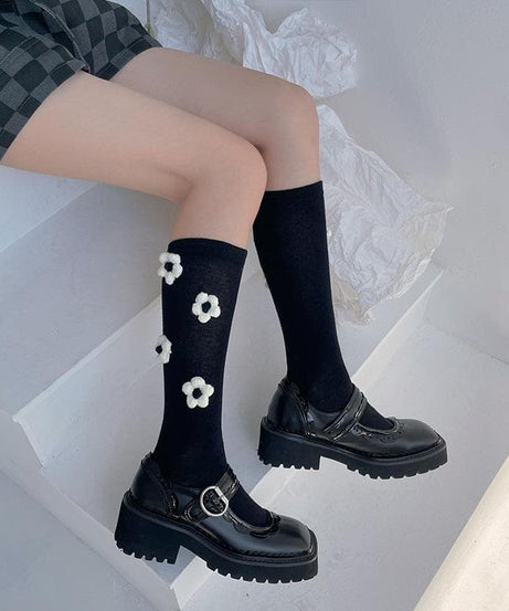 Chic Black Flower Applique Knee High Socks | Cozy Fall & Halloween Style