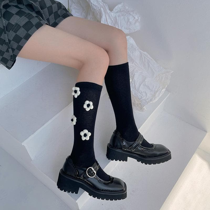 Chic Black Flower Applique Knee High Socks | Cozy Fall & Halloween Style