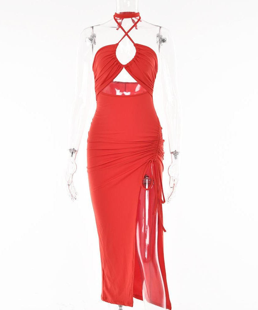 Royal Blue Halter Cutout Midi Dress - Daring Slit & Ruched Bodycon for Fall Parties & NYE