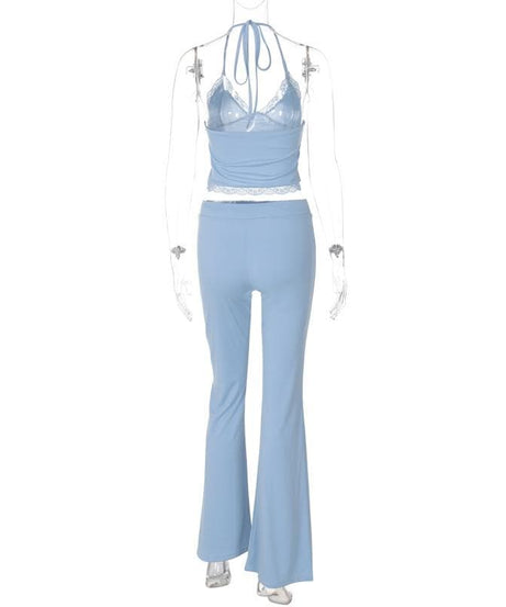 Y2K Dreamy Baby Blue Lace Halter Crop & Flare Pant Set | Cozy Chic Loungewear