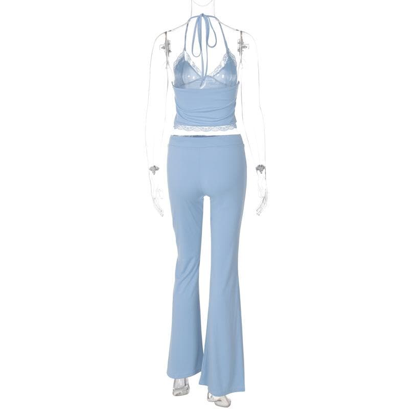 Y2K Dreamy Baby Blue Lace Halter Crop & Flare Pant Set | Cozy Chic Loungewear