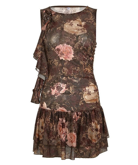 Enchanting Autumn Bloom Asymmetrical Ruffle Mini Dress