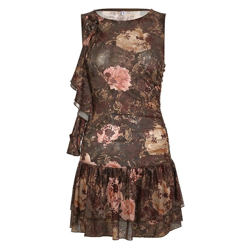Enchanting Autumn Bloom Asymmetrical Ruffle Mini Dress