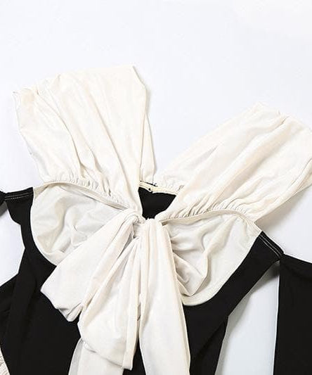 The 'Glamour Bow' Off-Shoulder Mini Dress | Chic Contrast Fall & Holiday Party Essential