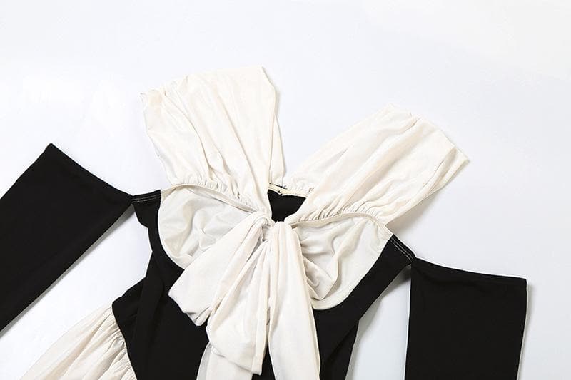 The 'Glamour Bow' Off-Shoulder Mini Dress | Chic Contrast Fall & Holiday Party Essential