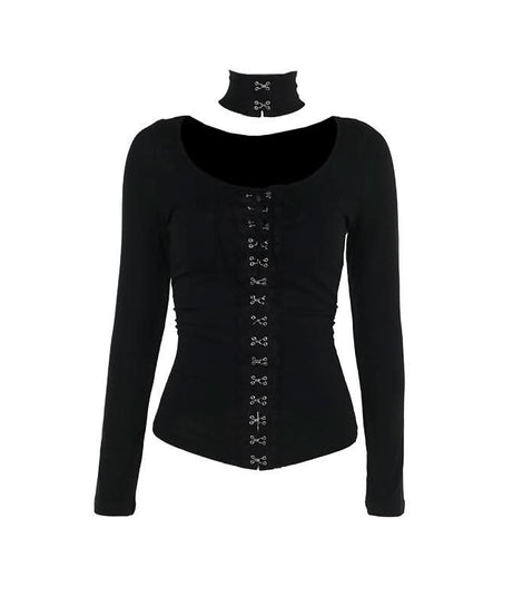 Sultry Black Lace-Up Corset Long Sleeve Top with Choker - Fall & Winter Edgy Chic
