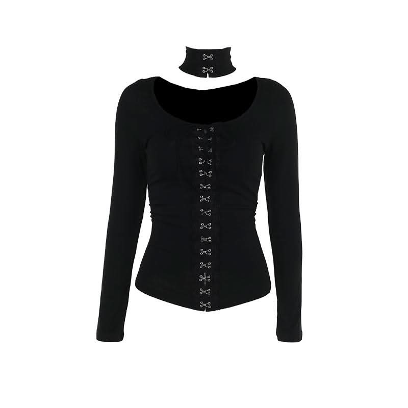 Sultry Black Lace-Up Corset Long Sleeve Top with Choker - Fall & Winter Edgy Chic