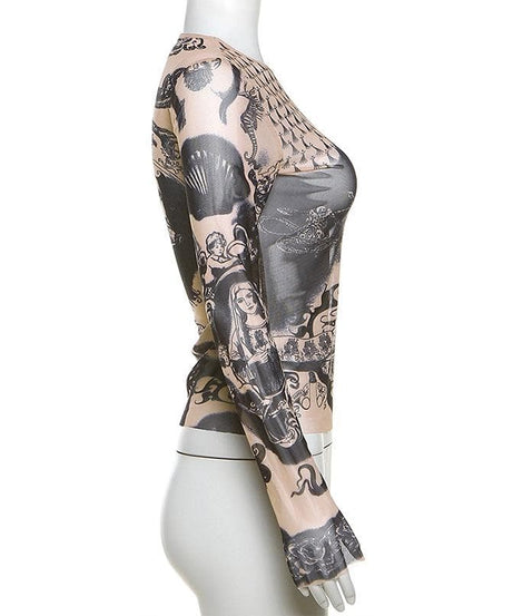 Dark Romance Graphic Sheer Mesh Long Sleeve Top | Tattoo-Inspired Fall '25 Edgy Chic