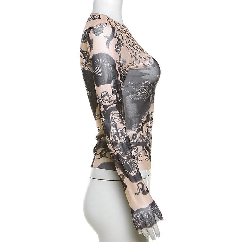 Dark Romance Graphic Sheer Mesh Long Sleeve Top | Tattoo-Inspired Fall '25 Edgy Chic