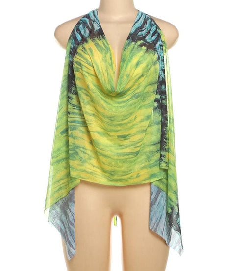 Vibrant Jungle Print Halter Top | Chic Cowl Neck Mesh for Resort & Fall Getaways