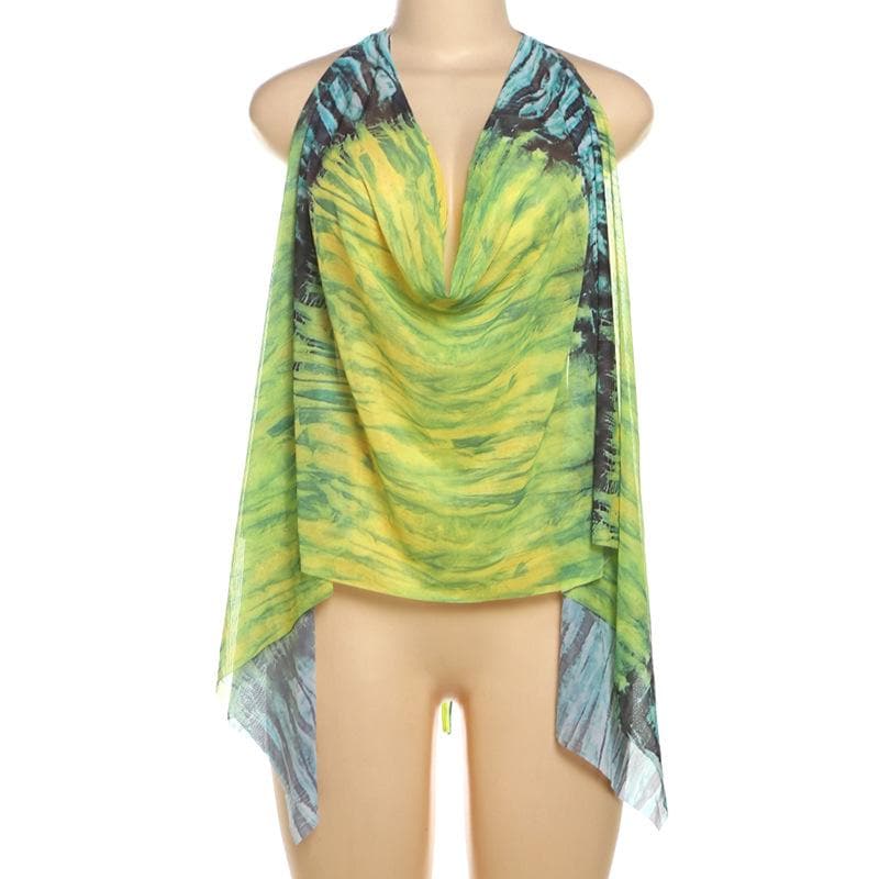 Vibrant Jungle Print Halter Top | Chic Cowl Neck Mesh for Resort & Fall Getaways