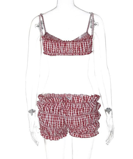 Sweetheart Gingham Smocked Cami & Ruffle Shorts Set - Cozy American Loungewear