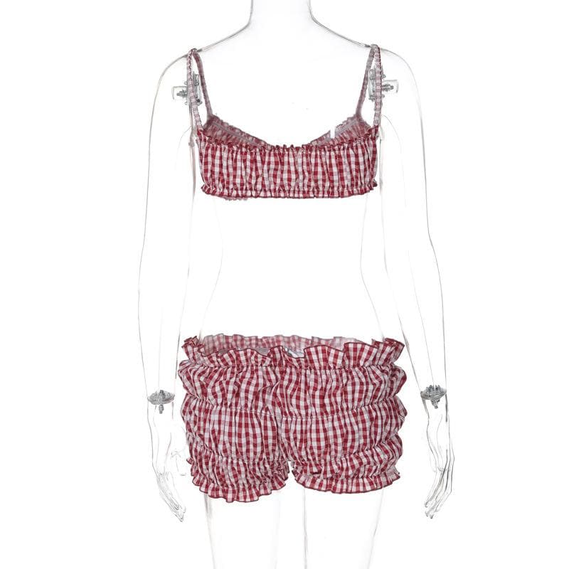 Sweetheart Gingham Smocked Cami & Ruffle Shorts Set - Cozy American Loungewear