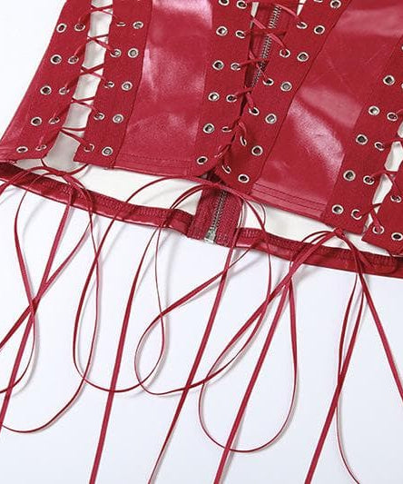 Sultry Red Faux Leather Lace-Up Corset Top - Your Edgy Statement for Fall & Halloween Nights