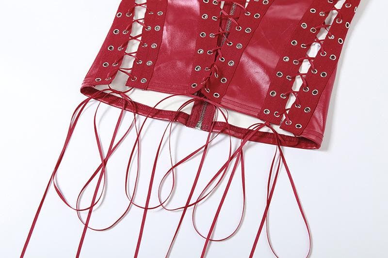 Sultry Red Faux Leather Lace-Up Corset Top - Your Edgy Statement for Fall & Halloween Nights
