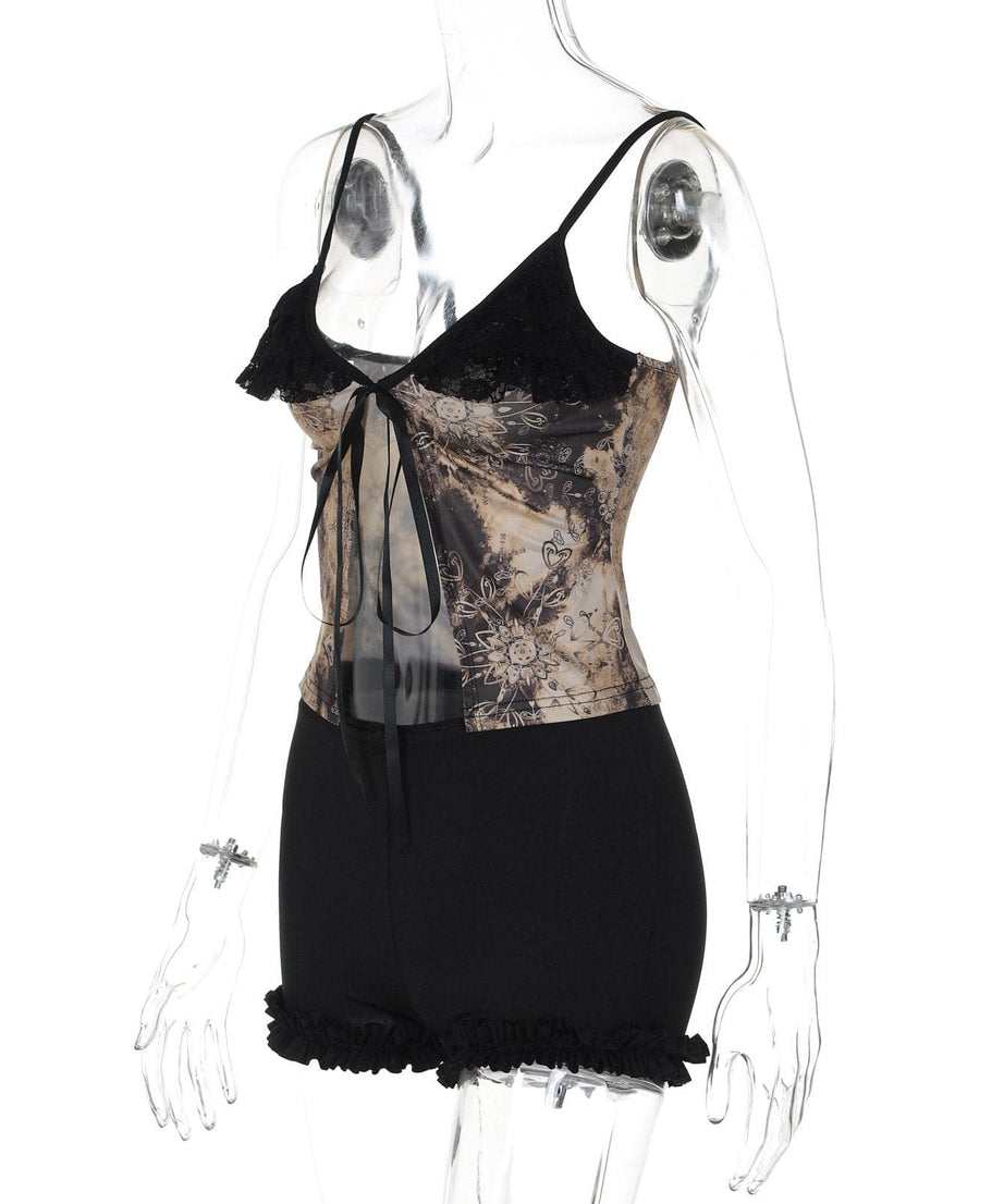 Gothic Bloom Lace & Tie-Front Cami Shorts Set | Cozy Autumn Loungewear
