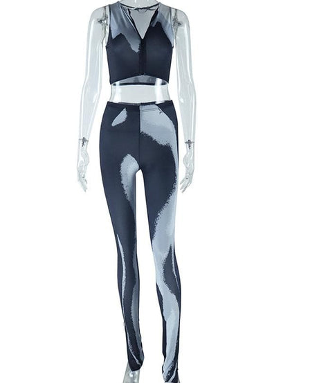 Fall Forward Abstract Swirl Print Athleisure Set - Zip Crop Top & High-Waist Leggings