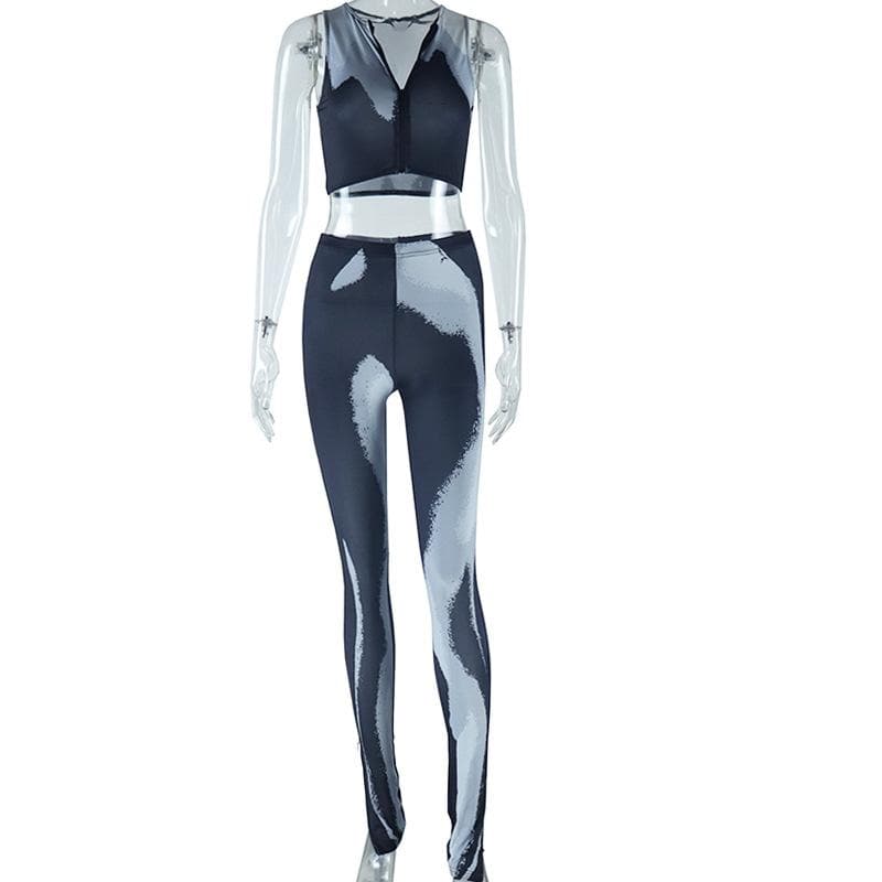 Fall Forward Abstract Swirl Print Athleisure Set - Zip Crop Top & High-Waist Leggings