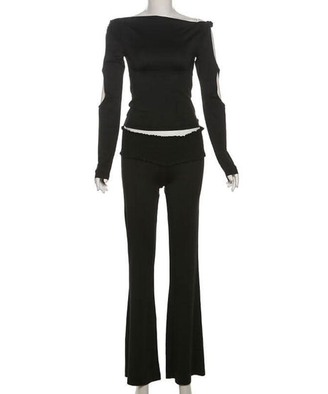 Effortless Autumn Chic: Black Off-Shoulder Top & Flare Pant Set