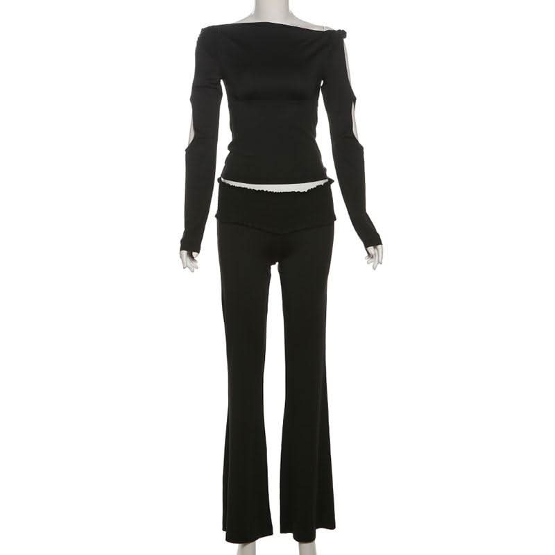 Effortless Autumn Chic: Black Off-Shoulder Top & Flare Pant Set
