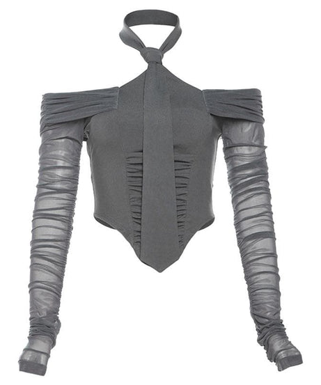 Autumn Allure: Chic Off-Shoulder Halter Ruched Long Sleeve Crop Top - Your Fall Fashion Must-Have