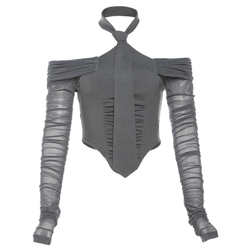 Autumn Allure: Chic Off-Shoulder Halter Ruched Long Sleeve Crop Top - Your Fall Fashion Must-Have