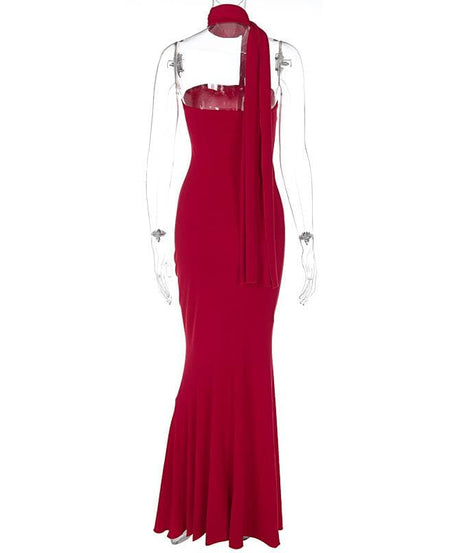 The Holiday Siren: Red Strapless Mermaid Maxi Dress with Elegant Shawl