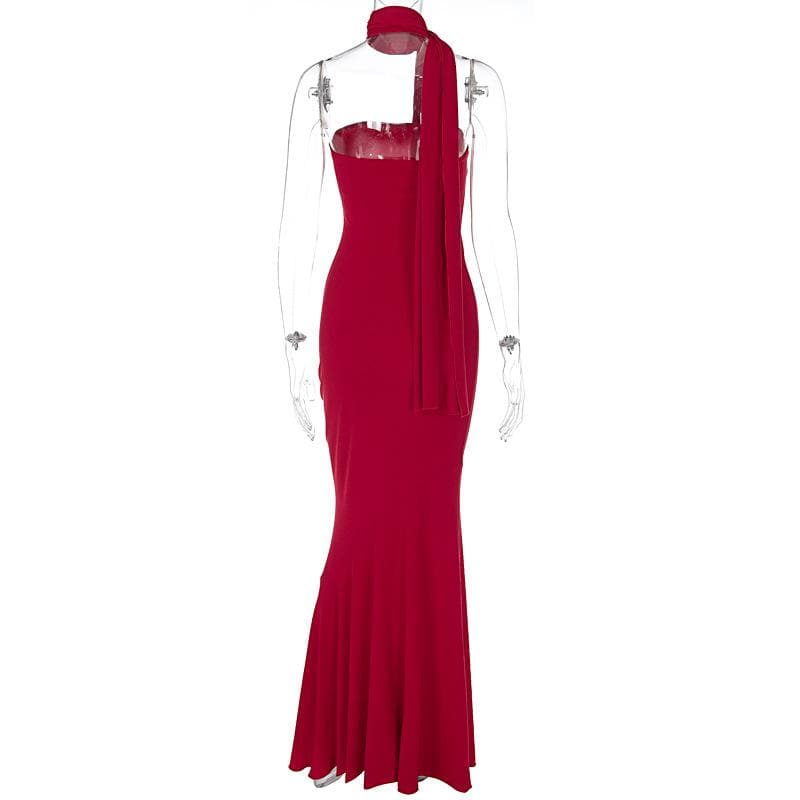 The Holiday Siren: Red Strapless Mermaid Maxi Dress with Elegant Shawl